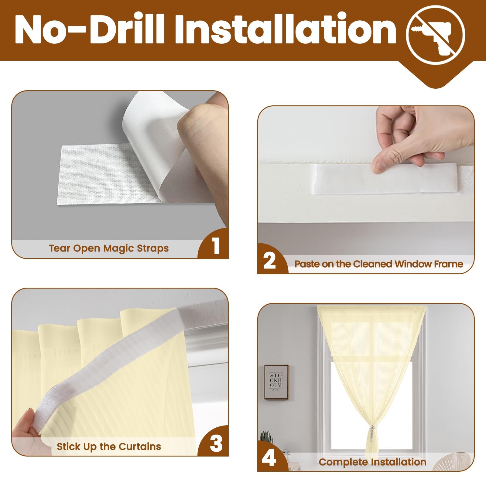 Adhesive Beige Gauze Sheer Curtains, Light-Filter Privacy Fabric, Foldable Ho…