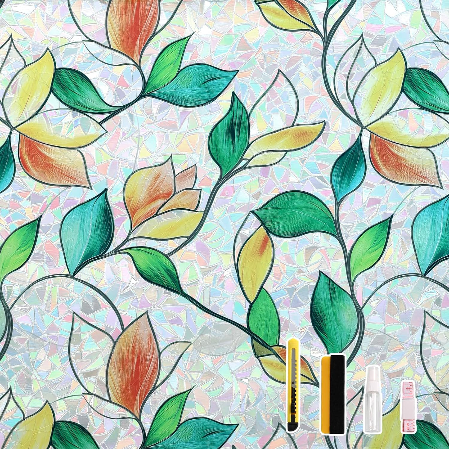 Window Privacy Film, Rainbow Stained Glass Window Film, Non-Adhesive Privacy Cov