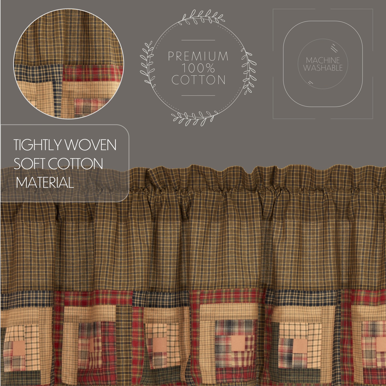Rustic 20″x60″ Log Cabin Block Border Valance Kitchen Window Curtains VHC Brands