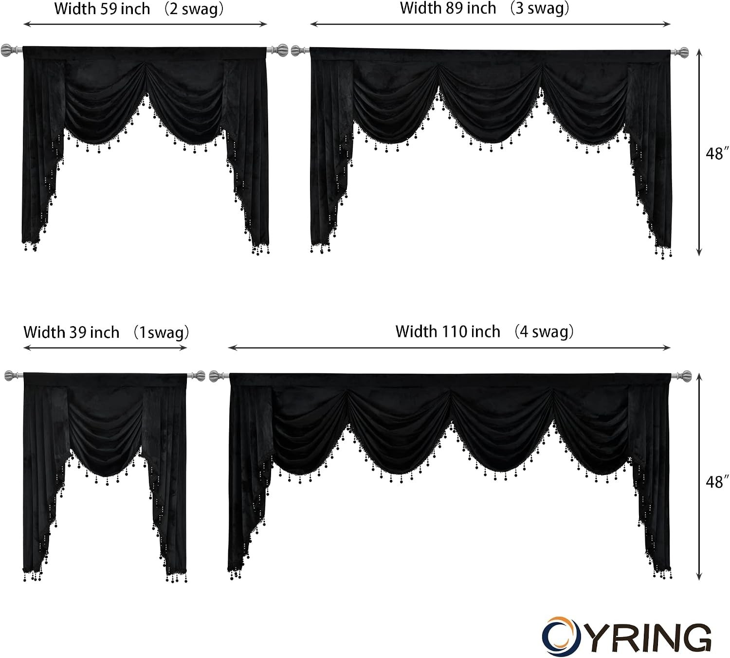 Black Waterfall Valances for Living Room, Velvet Swag Valance for Bedroom – R…