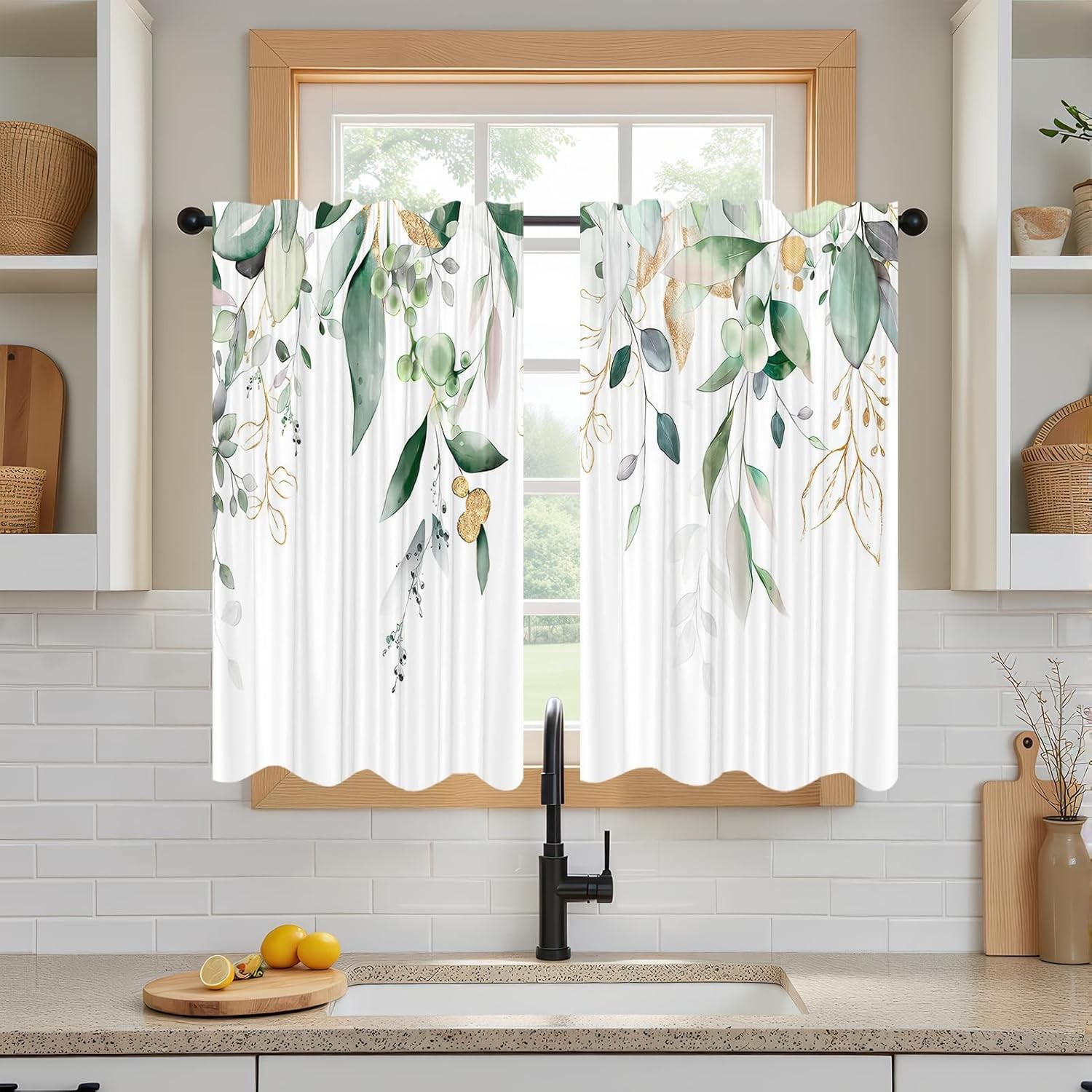 26x36Inch Sage Green Gold Eucalyptus Botanical Small Kitchen Curtain Treatment