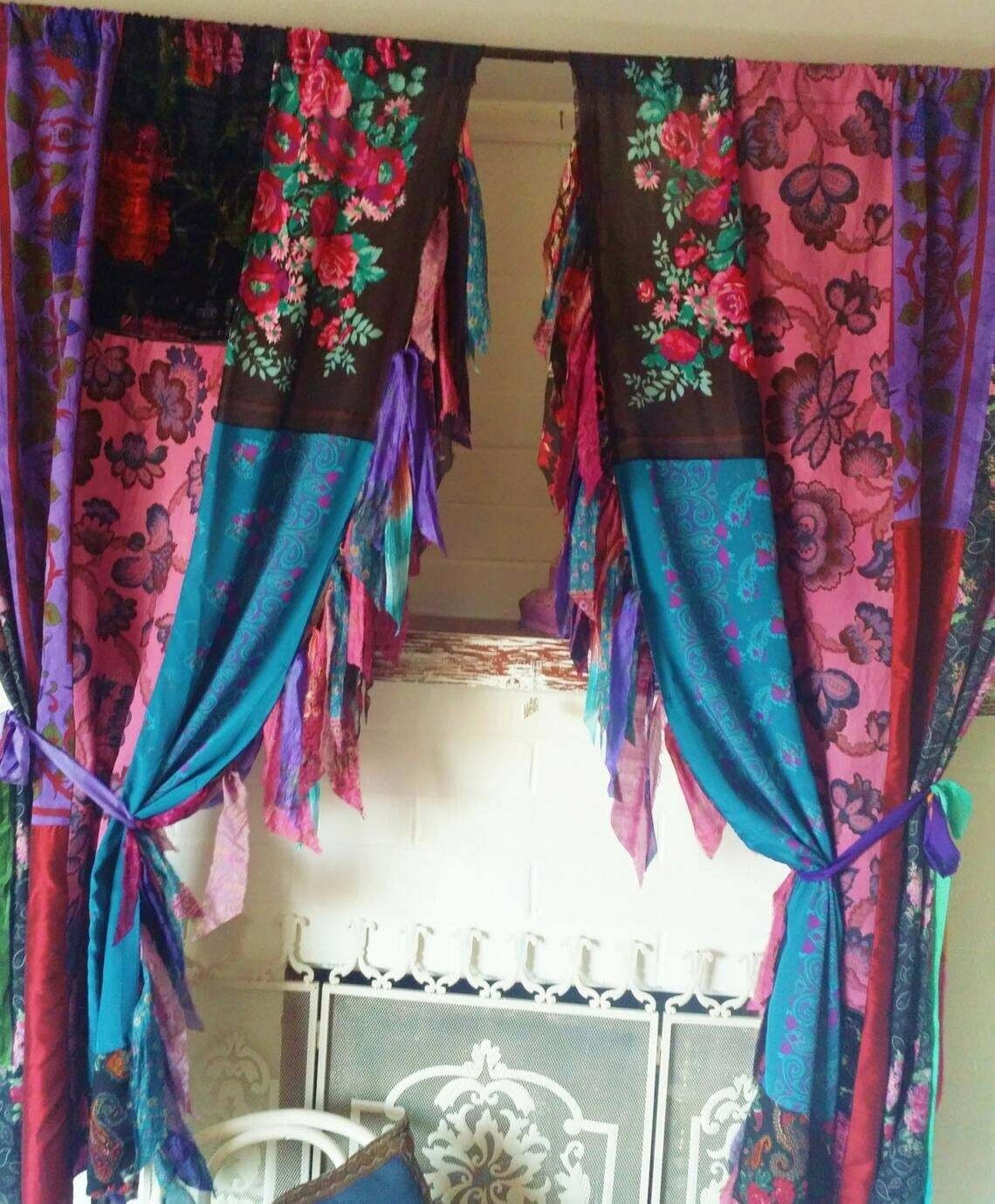 2 Pcs Indian Old Recycle Silk Saree Boho Multi Curtain Door Drape Decor Curtain