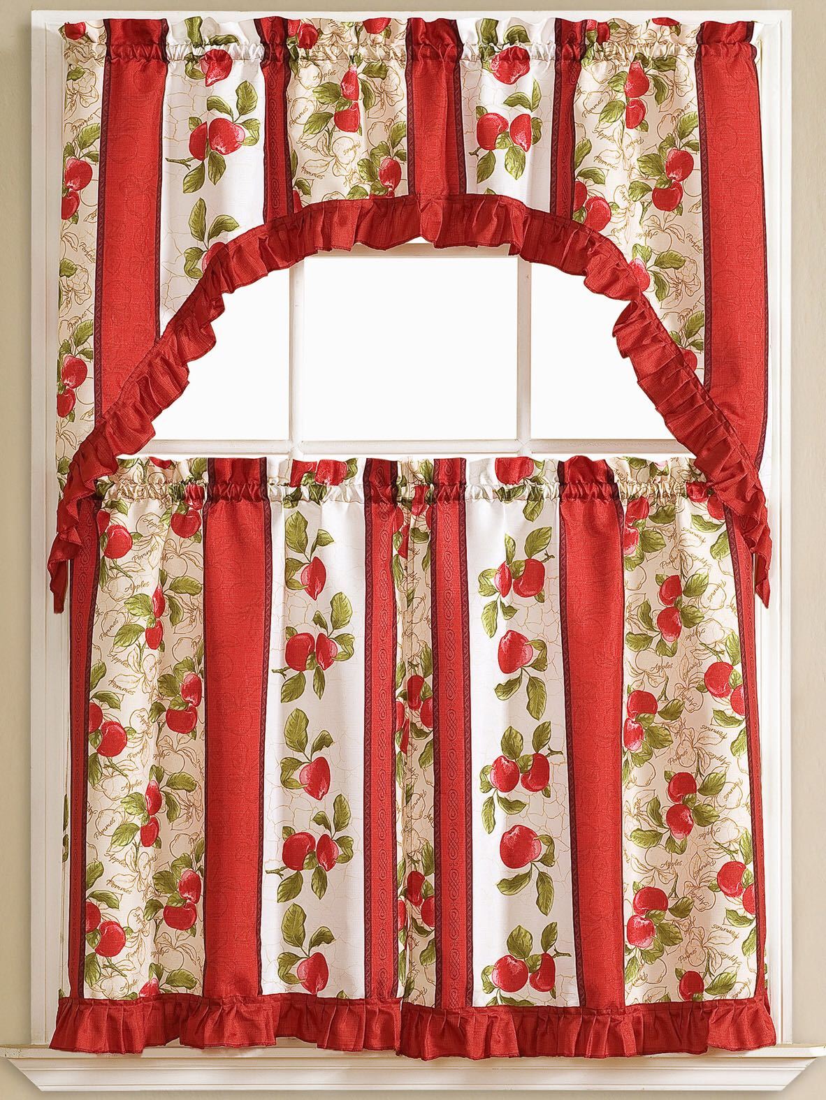 Kitchen Curtains 3 Pc. Set with Attached Valance Tier and Swag Set Red Brown