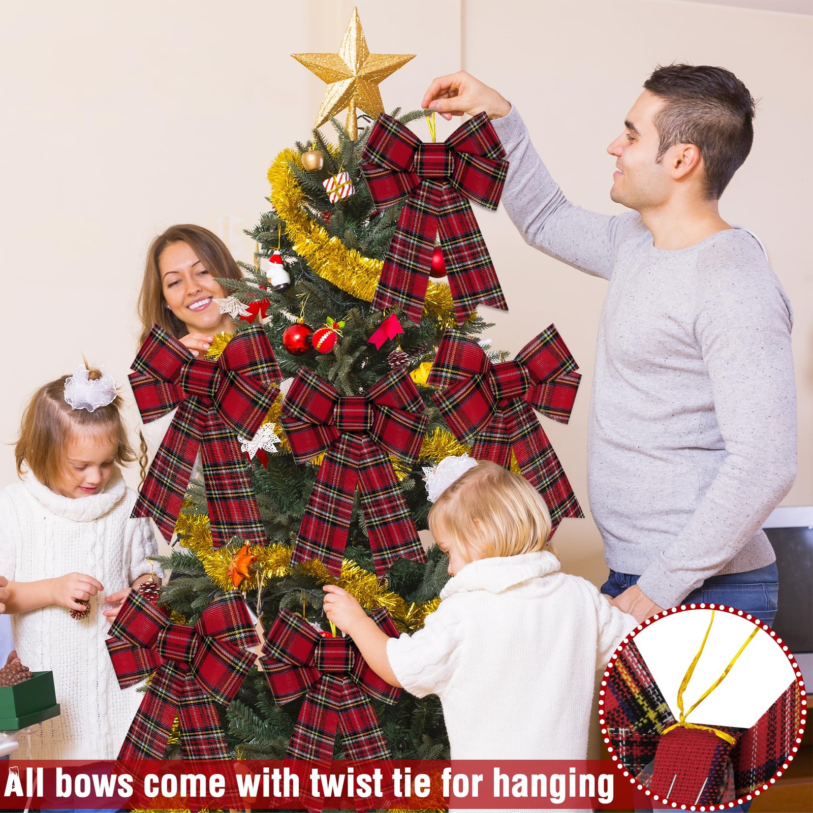 6 PCS Christmas Tree Decor, 9 x 12 Inch Large Christmas Bows, Buffalo Plaid W…