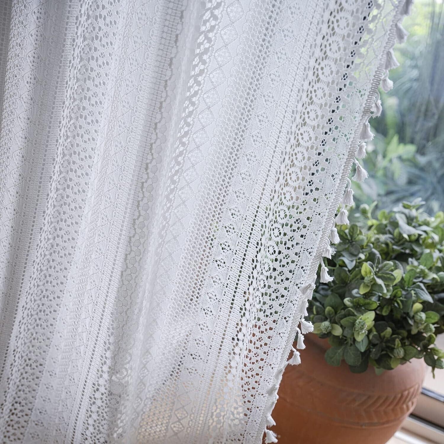 Rustic Crochet Lace Curtain Panels Window Drapes Bedroom Living Room Rod Pocket