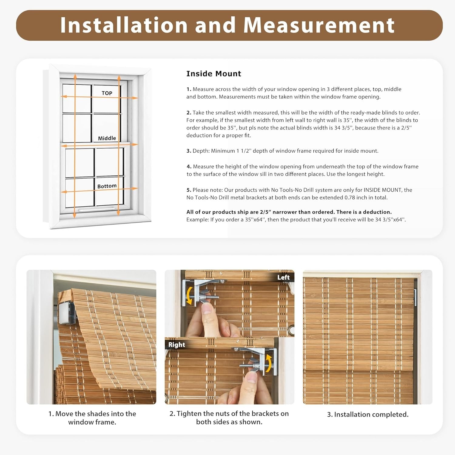 LazBlinds No Tool Cordless Bamboo Roman Shades 34″ W x 64″ H