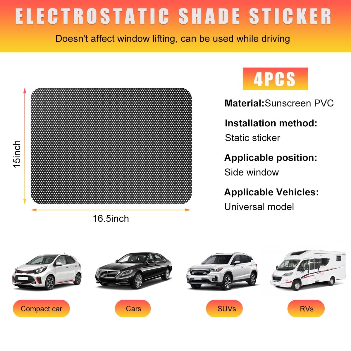 Ohleats 4 PCS Car Side Window Sunshade, 16.5″×15″ Static Cling Auto Black