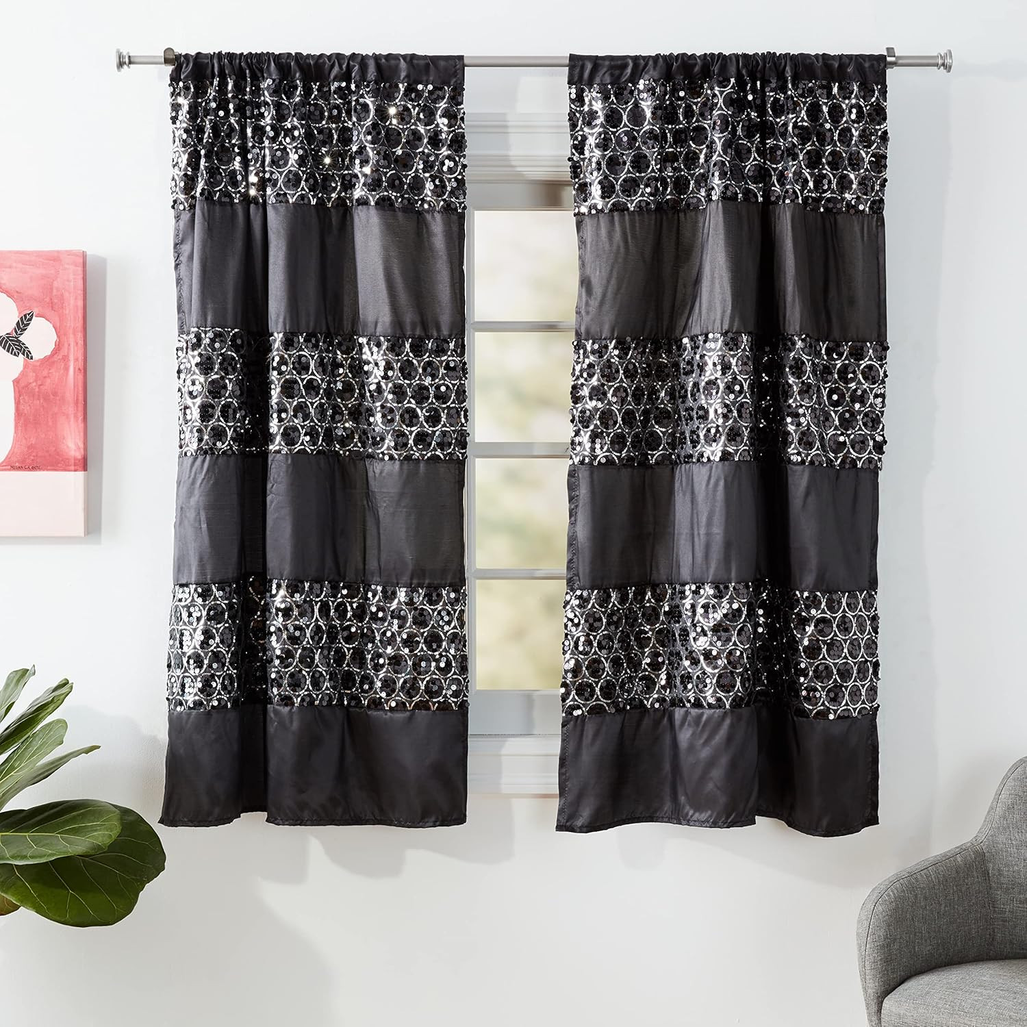 Sinatra Sequin Window Curtain with Tiebacks, Black, 36X54 Inches