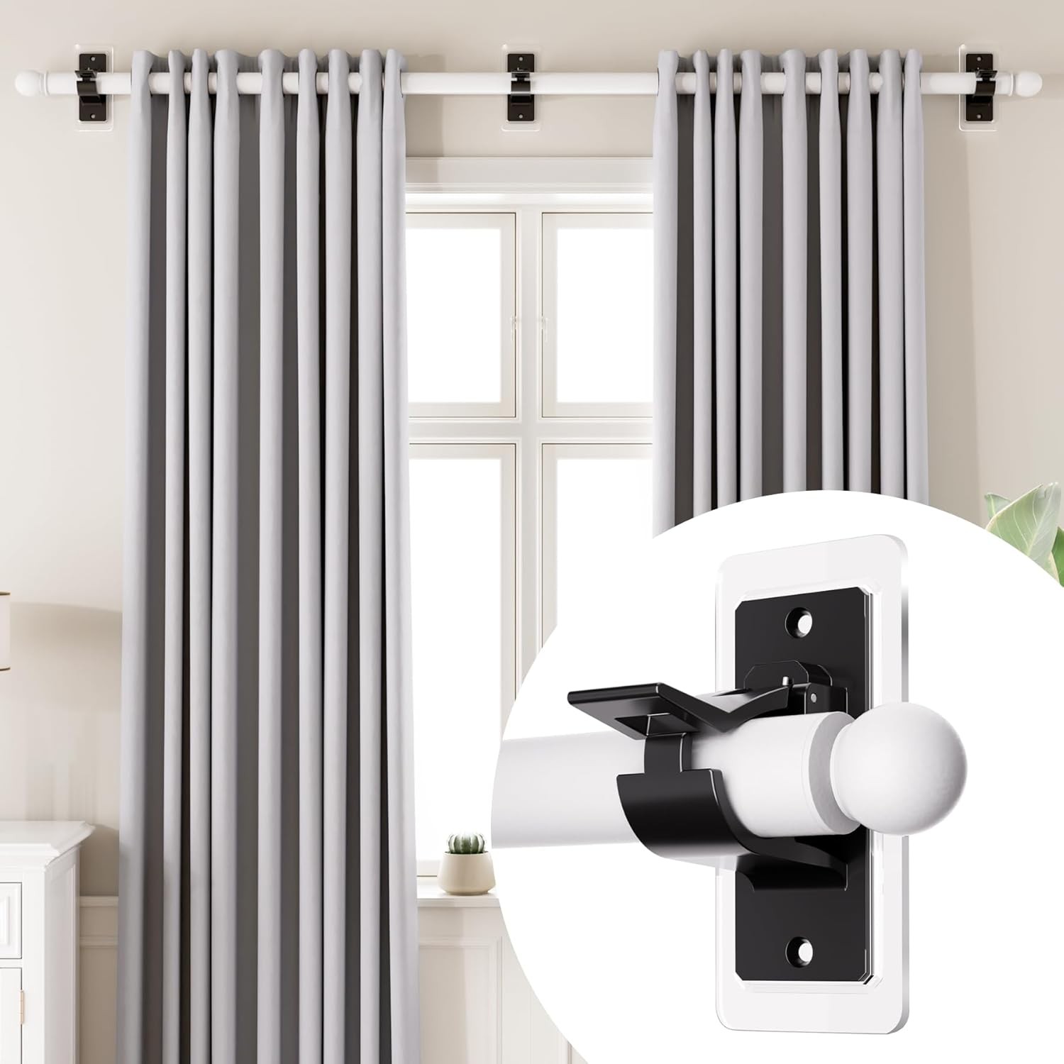 2 Pack Self Adhesive Rod Brackets,No Drill Needed Curtain Rod Holders, Nail Free