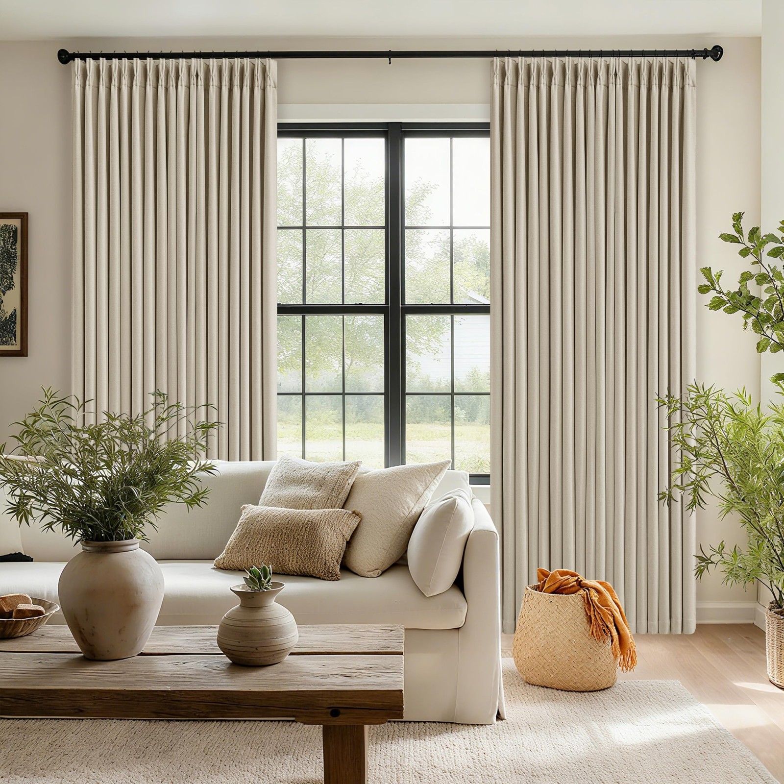 102 Inch Blackout Linen Pleated Curtains for Bedroom Living Room Darkening Pi…