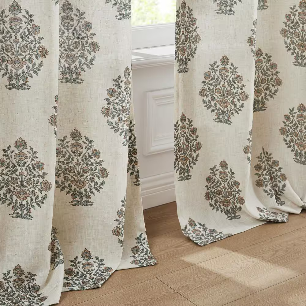 Sofia Flower Block Bouque Clay/Teal Faux Linen 37 In. W X 84 In. L Rod Pocket Li