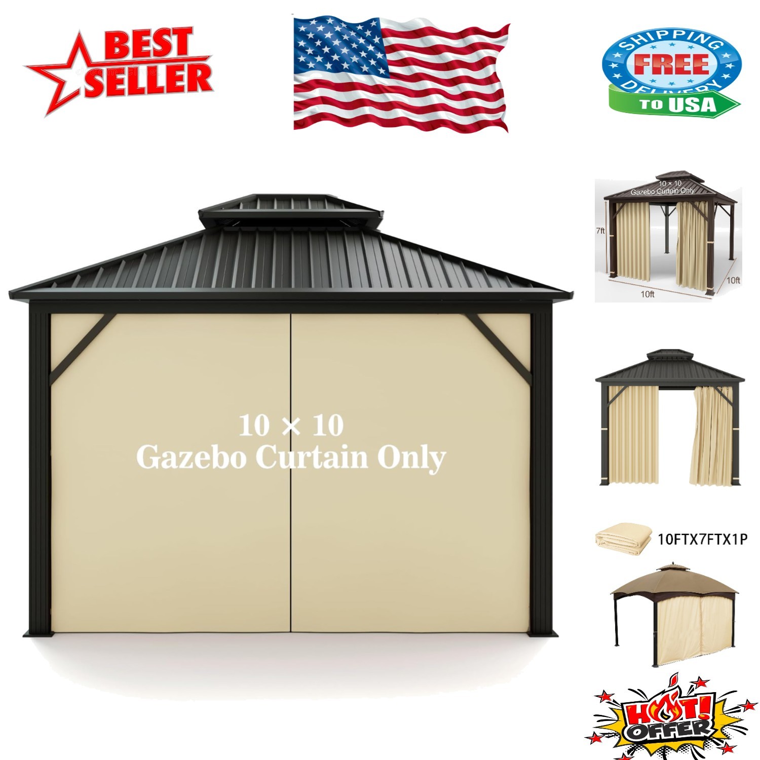 Universal Replacement Privacy Curtain for 10′ x 10′ Gazebos – Elegant Beige