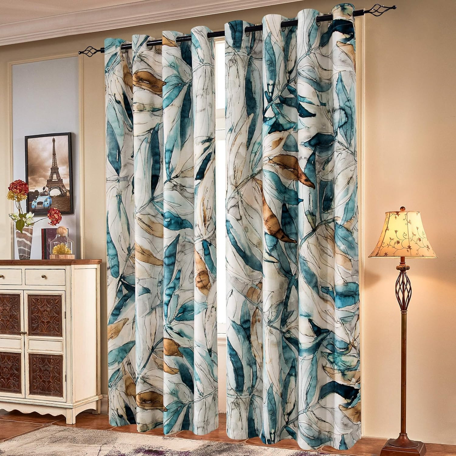 Vibrant Floral Room Darkening Curtains 52×108, Semi Sheer Blue Drapes