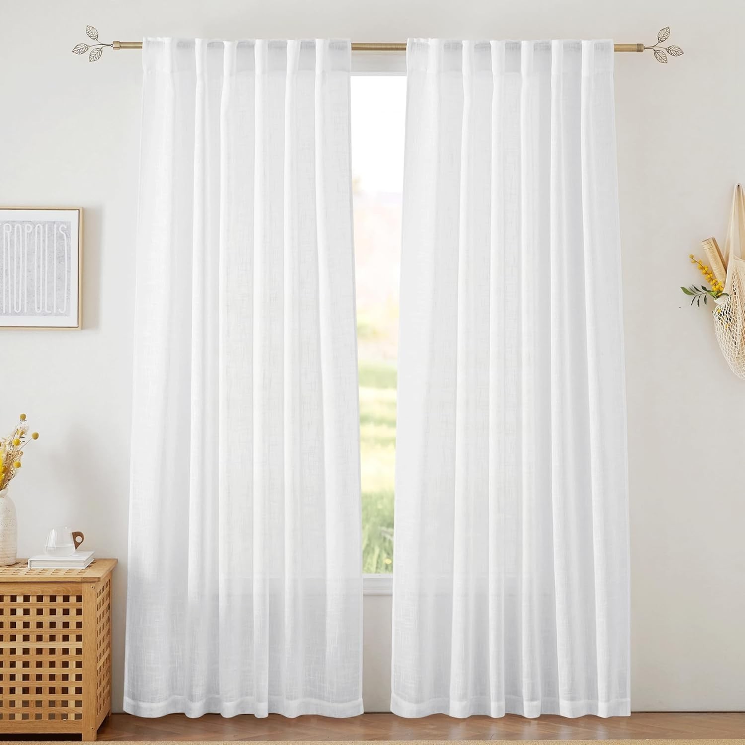 White Sheer Curtains Linen Texture Window Panels, Semi Sheer Light Filetring …