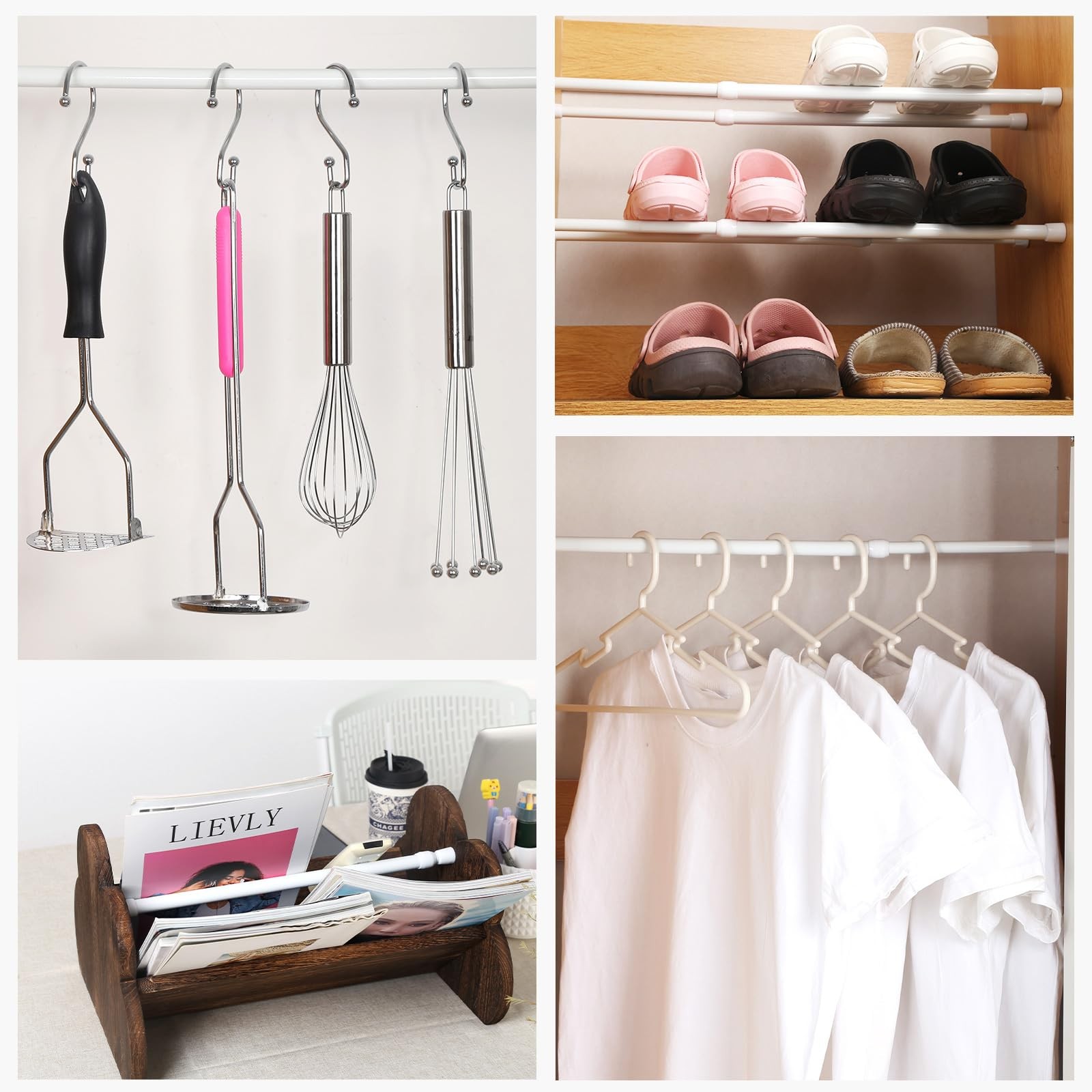 Tension Rods for Hanging Clothes 16 to 28 Inches No Drill, 5/8″ Diameter, White