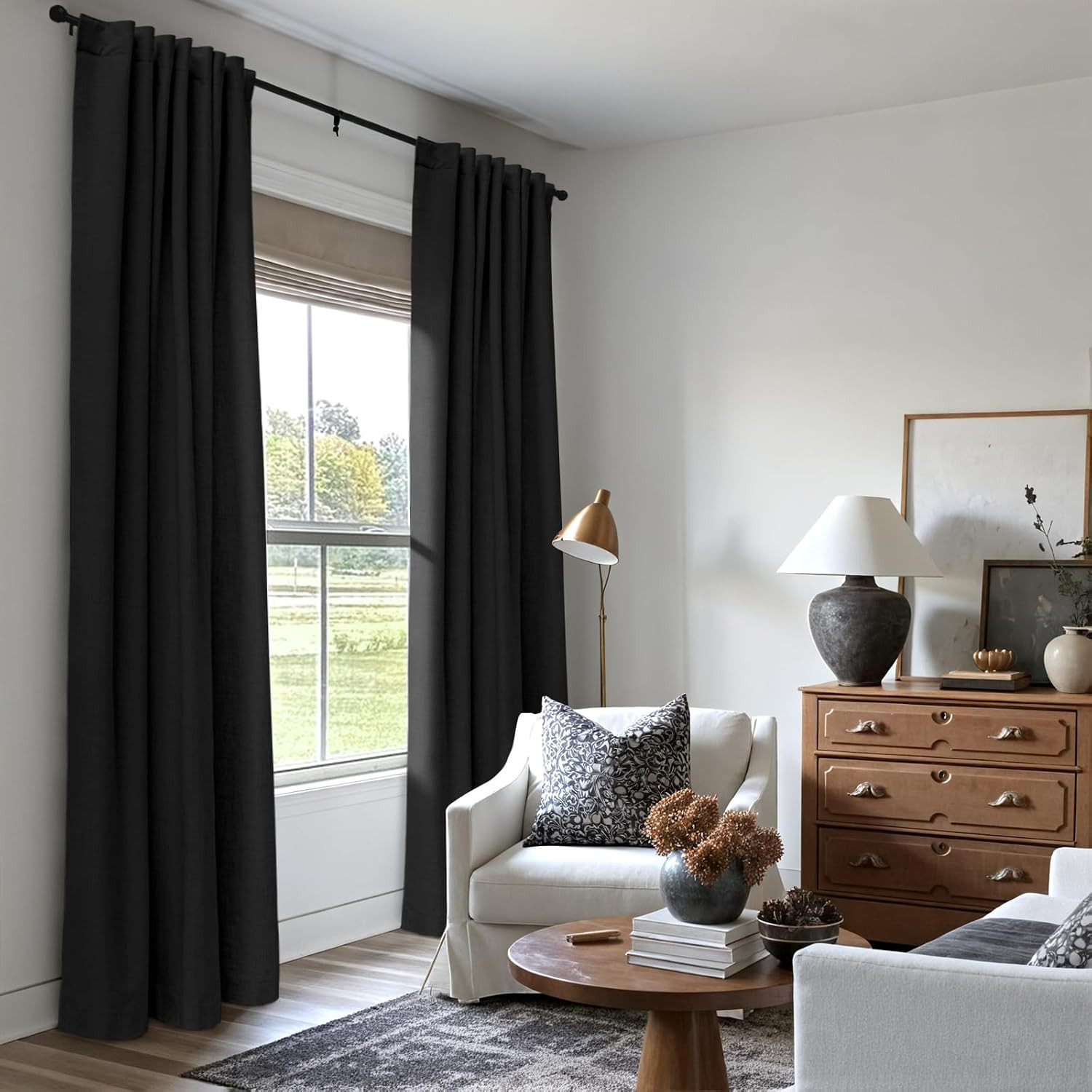 100% Blackout Curtains 84 Inches Length 2 Panels , Back Tab/Rod Pocket Linen Bla