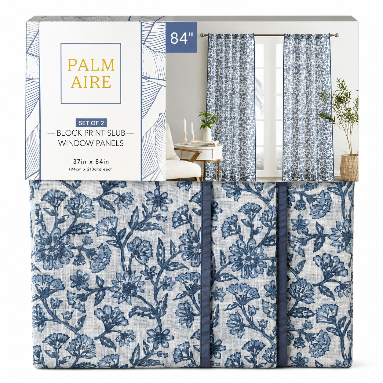 Palm Aire Floral Vine Curtains Set 2 37×84 Blue Linen Blend Slub Panels