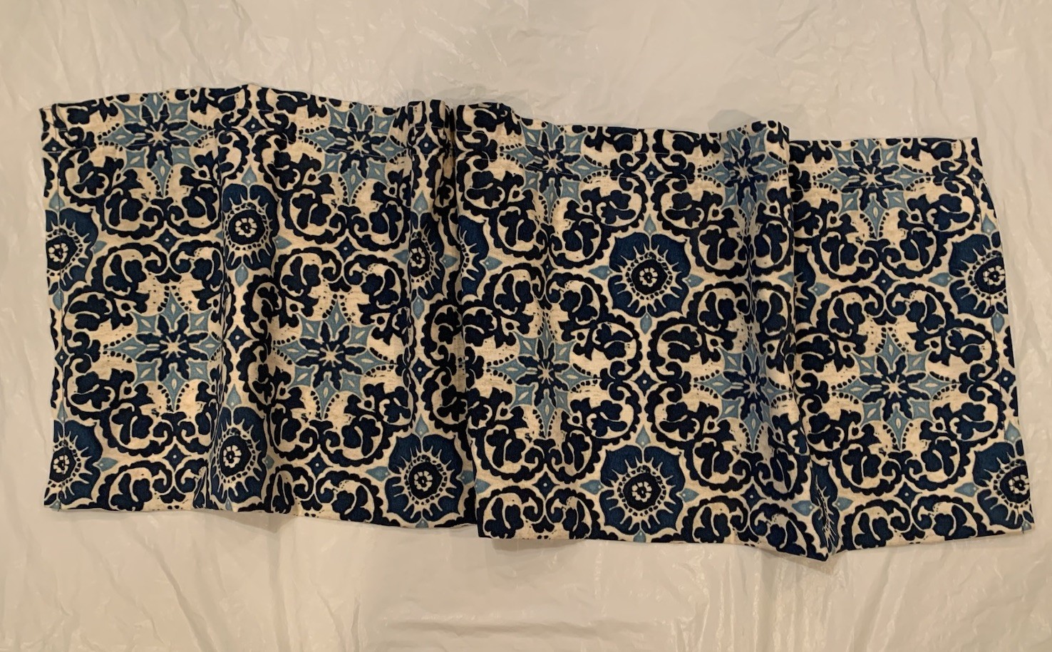 Blue And White Damask Patterned Window Valance Handmade 55”x16.5”