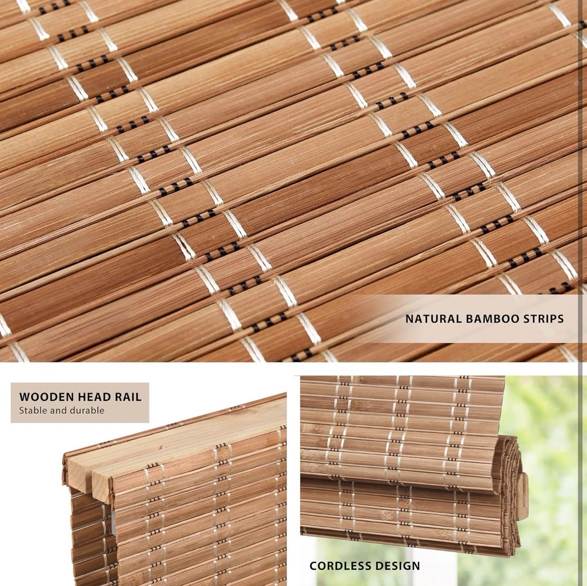 LazBlinds Cordless Bamboo Roman Shades 40″x72″ No Drill Light #R015