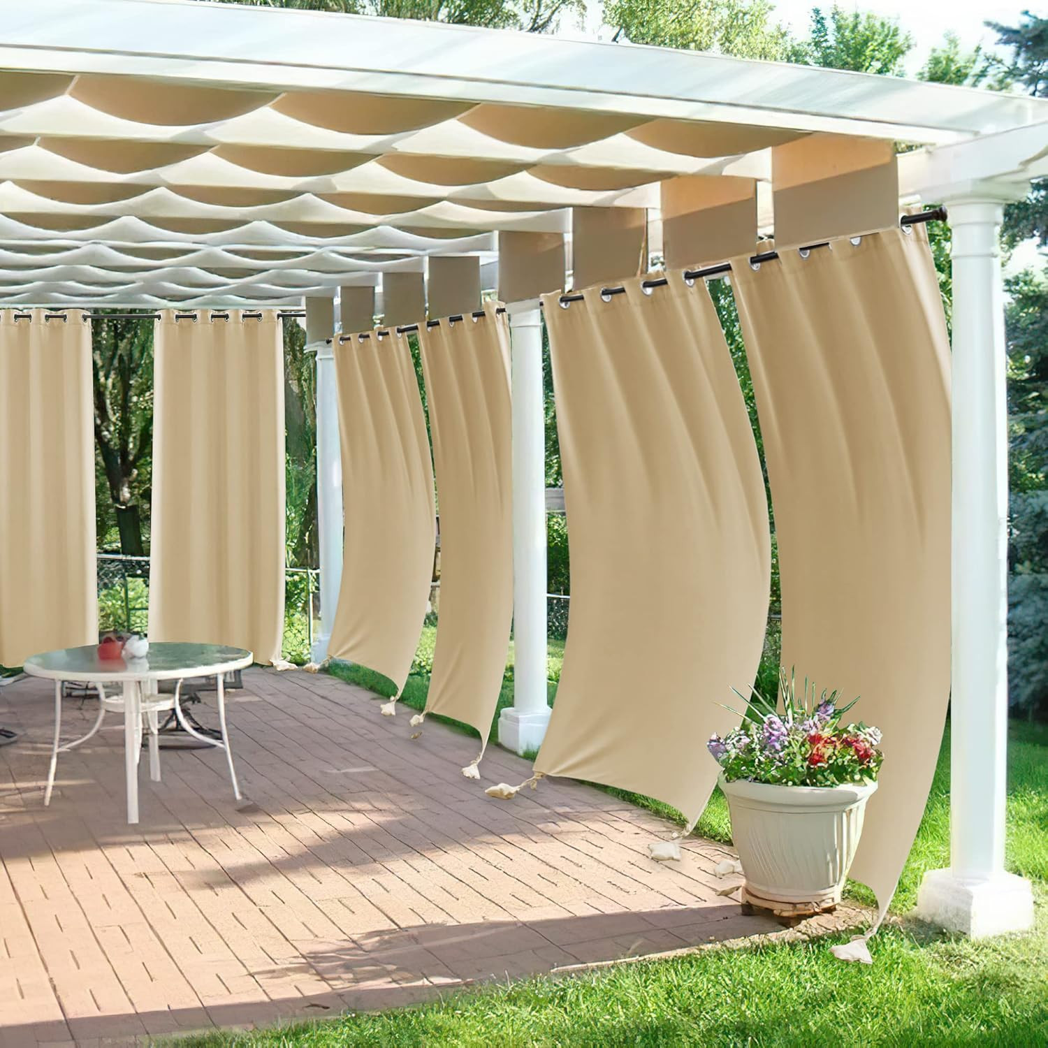 Windproof Outdoor Curtains with Weighted Bags – Beige, 2 Pcs, 52×108 Inch
