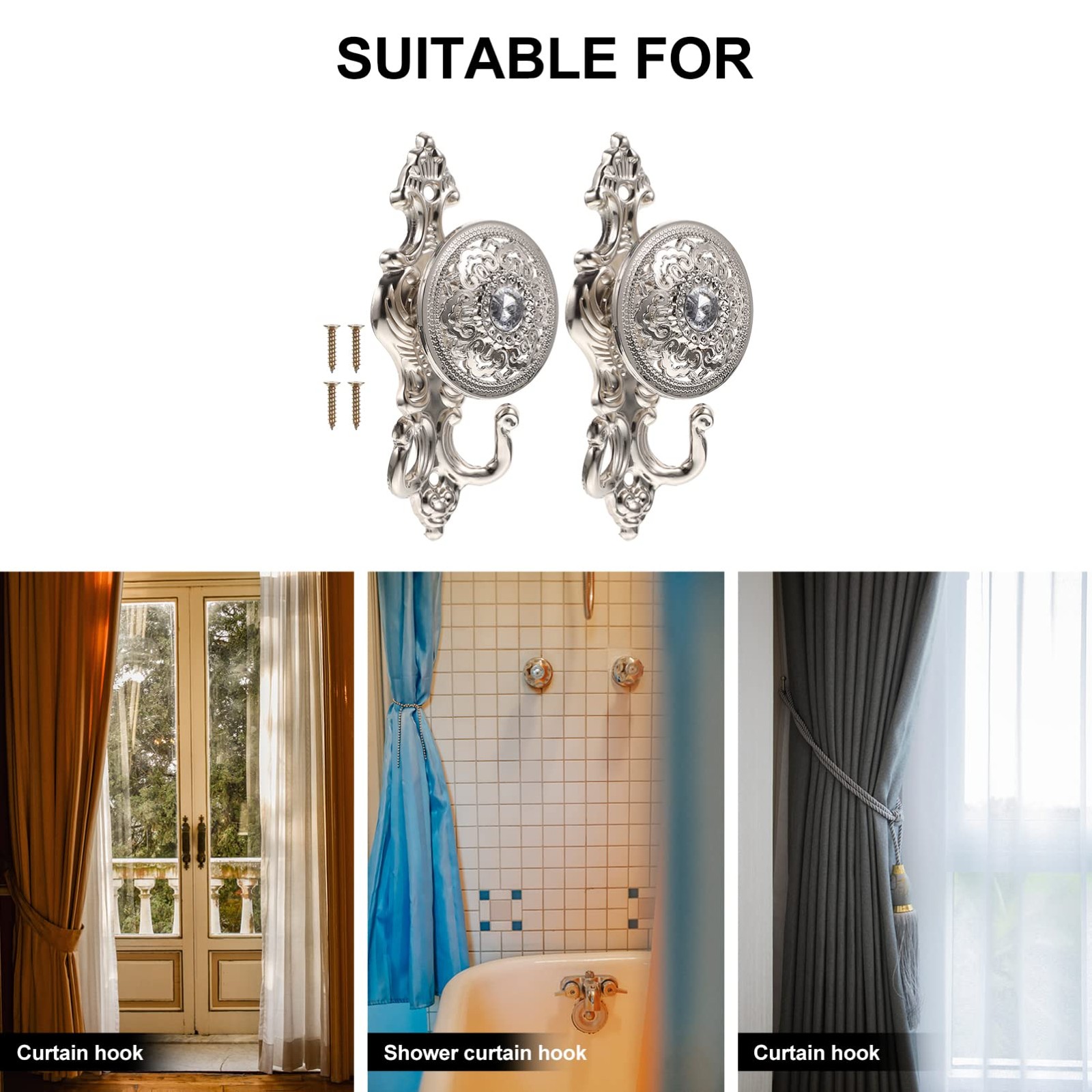 Rhinestone Curtain Holdback Hooks Set 2Pcs Silver Wall Mounted Drapery Tiebac…