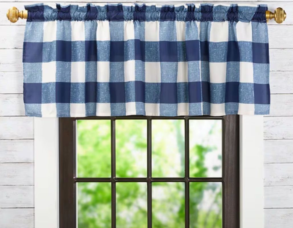 1 Fabric Printed Valance(18″x60″)(no tiers) BLUE & WHITE BUFFALO CHECK DESIGN,LK