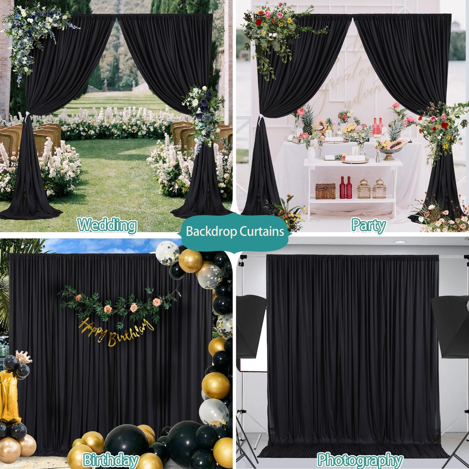 Black Backdrop Curtains 8x10ft 2 Panels Rod Pocket Wrinkle-Free Polyester