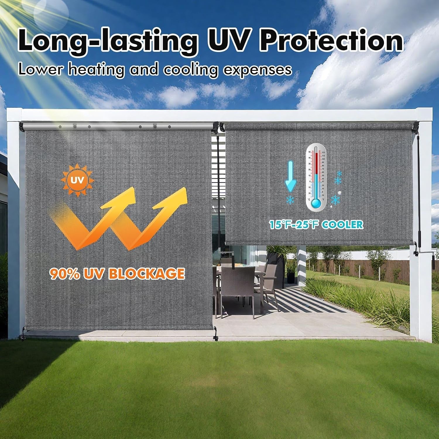 Outdoor Roller Shades with Splicing Design, 10′ W x 8′ H Exterior Cordless Patio