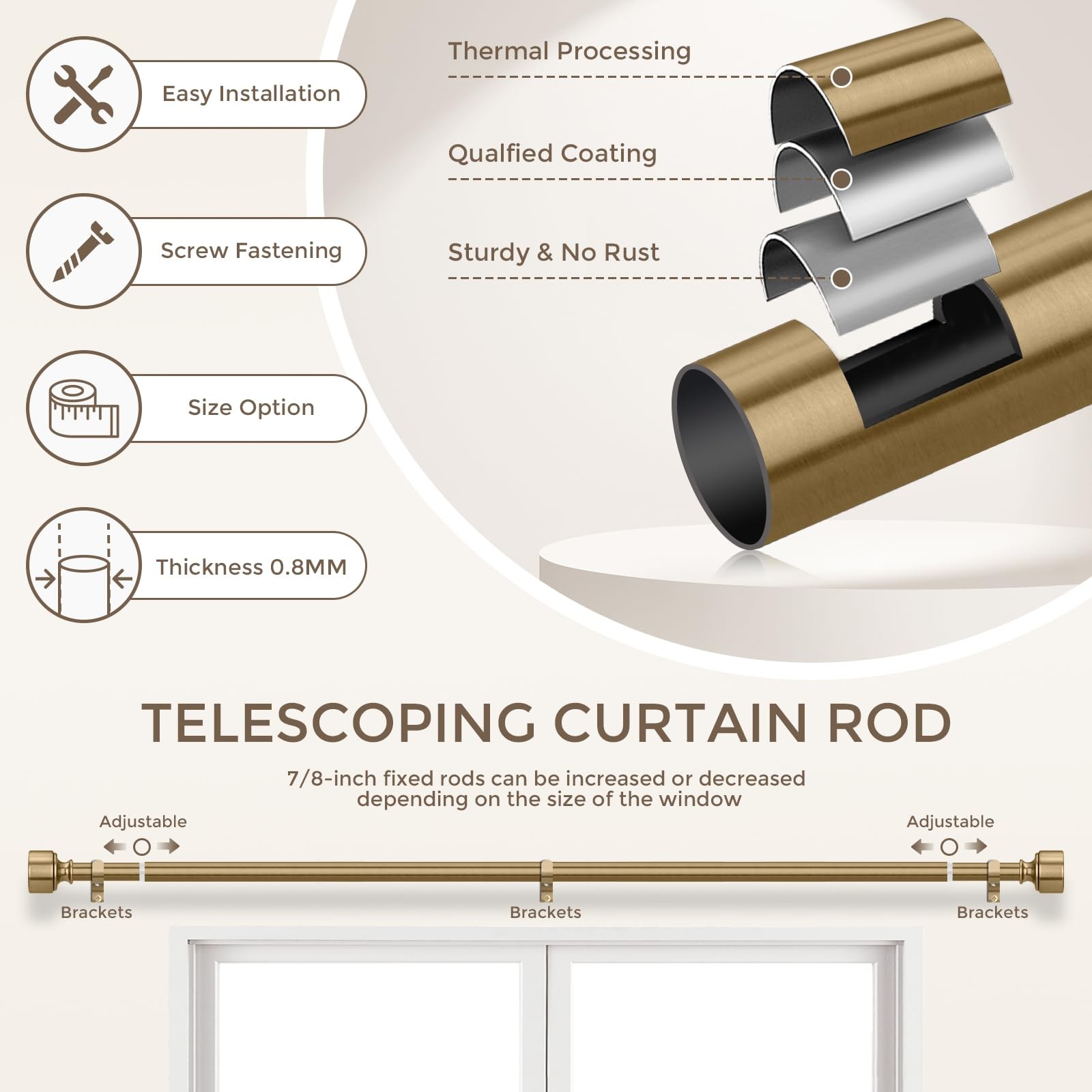 2 Pack Warm Gold Curtain Rods for Windows 48 to 84 Inch, Heavy Duty Brass Cur…