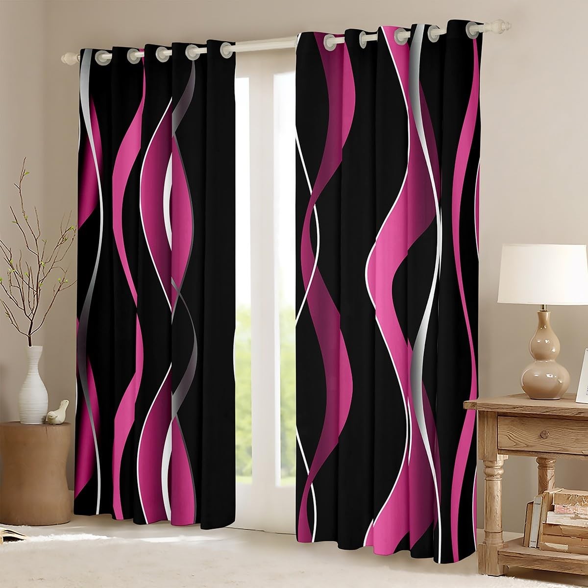 Gray Black Pink Stripe Darkening Drapes Modern Abstract Art Window Curtains G…