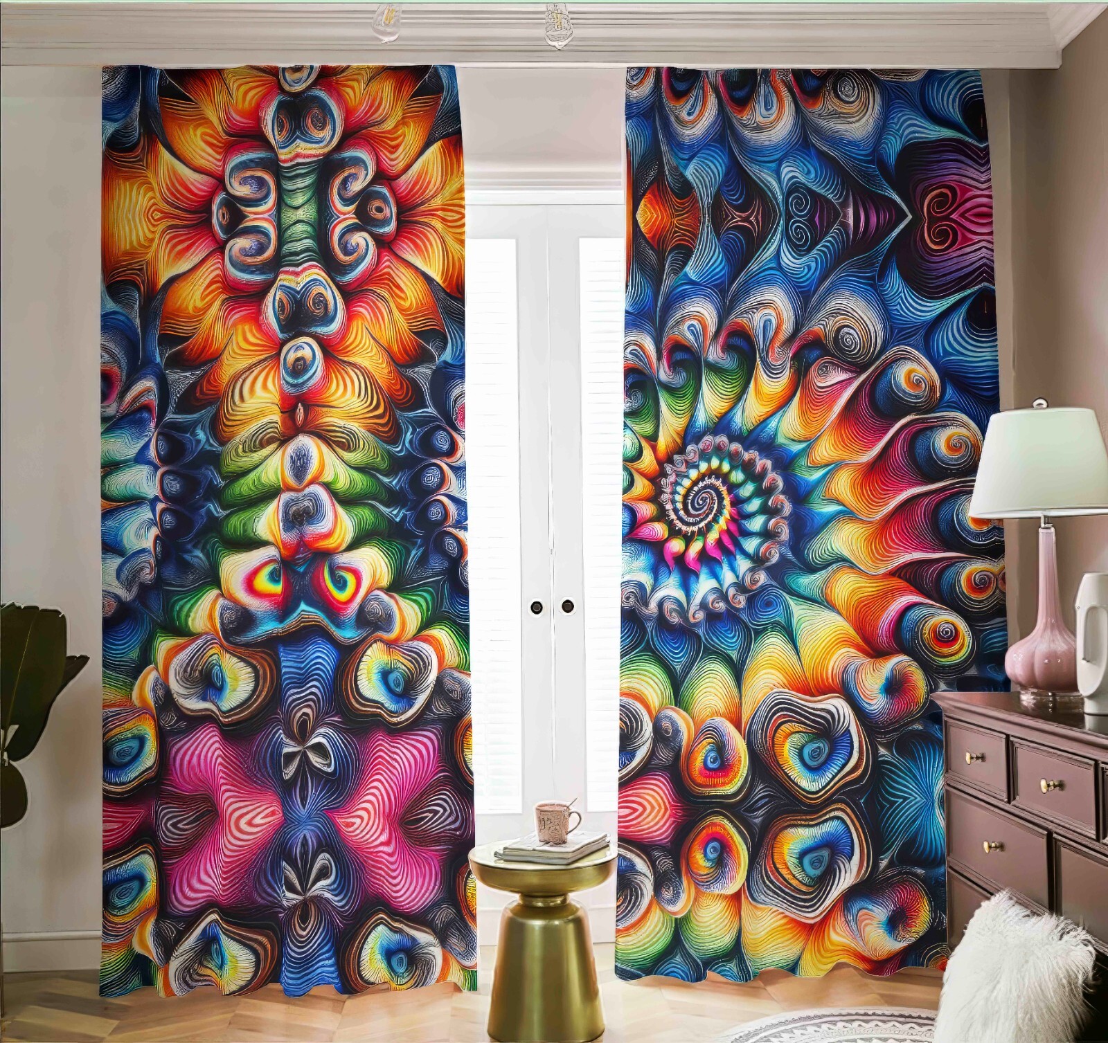 Psychedelic Tie Dye Blackout Curtains Black Out Rainbow Spiral Tied Dyed Fractal