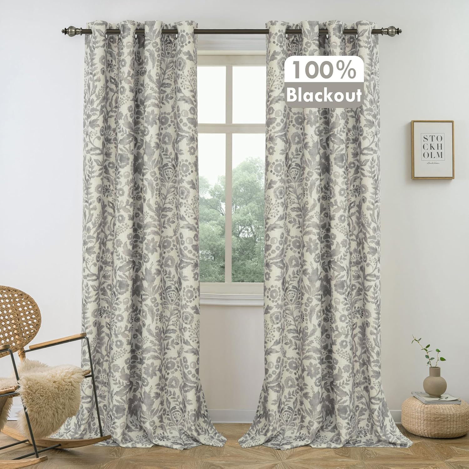 Julia Watercolor Thermal Insulated Blackout Curtains 52×84 Linen Gray 2 Panels