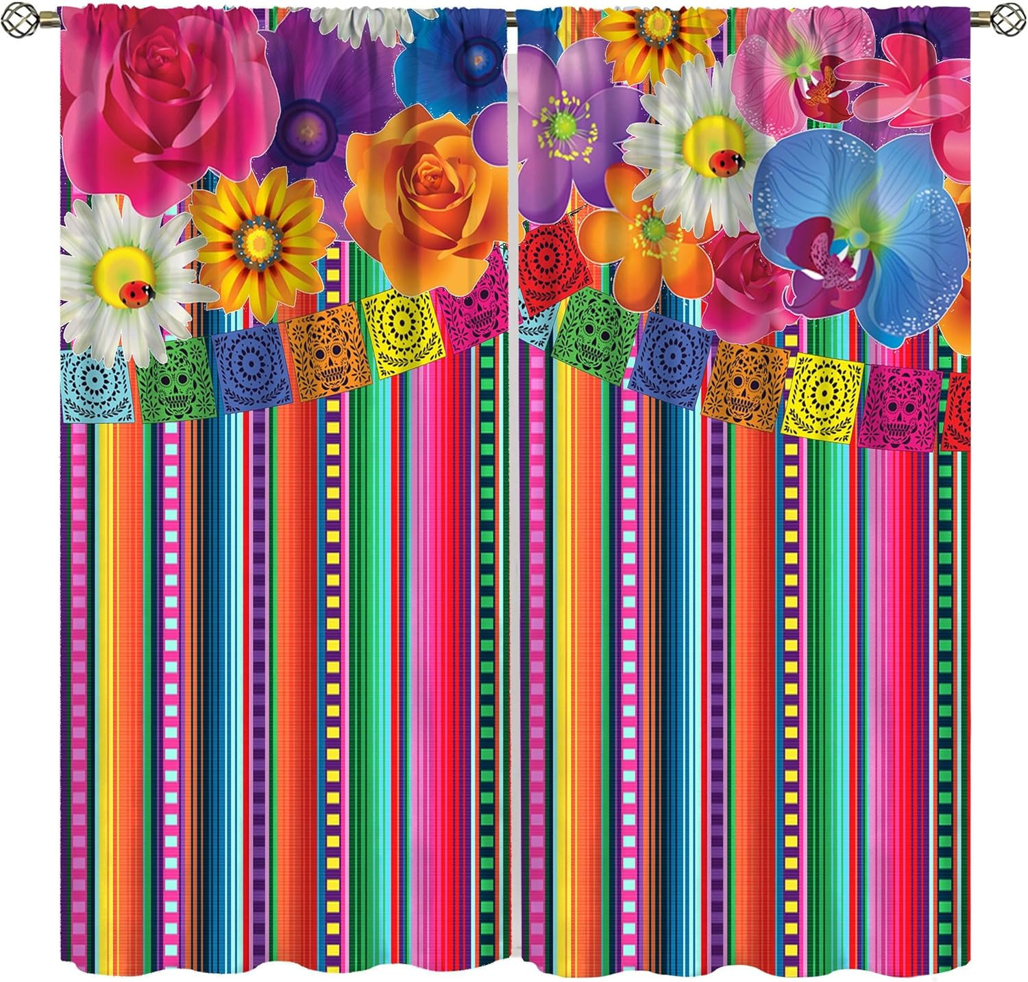 Carnival Mexican Curtains,Colorful Striped Abstract Geometric Mexican Day of the