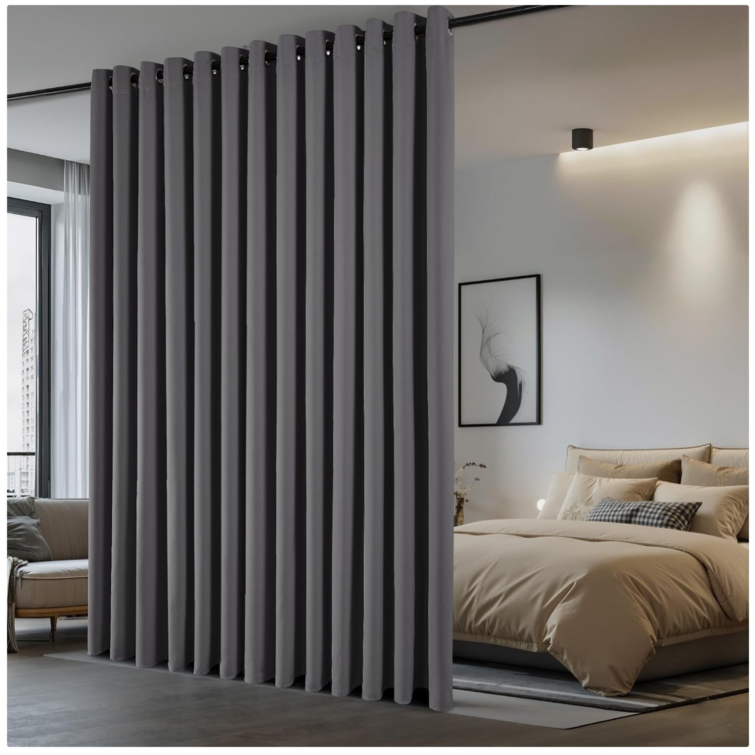 Grey Blackout Room Divider Curtain, 9ft Tall x 12.5ft Wide