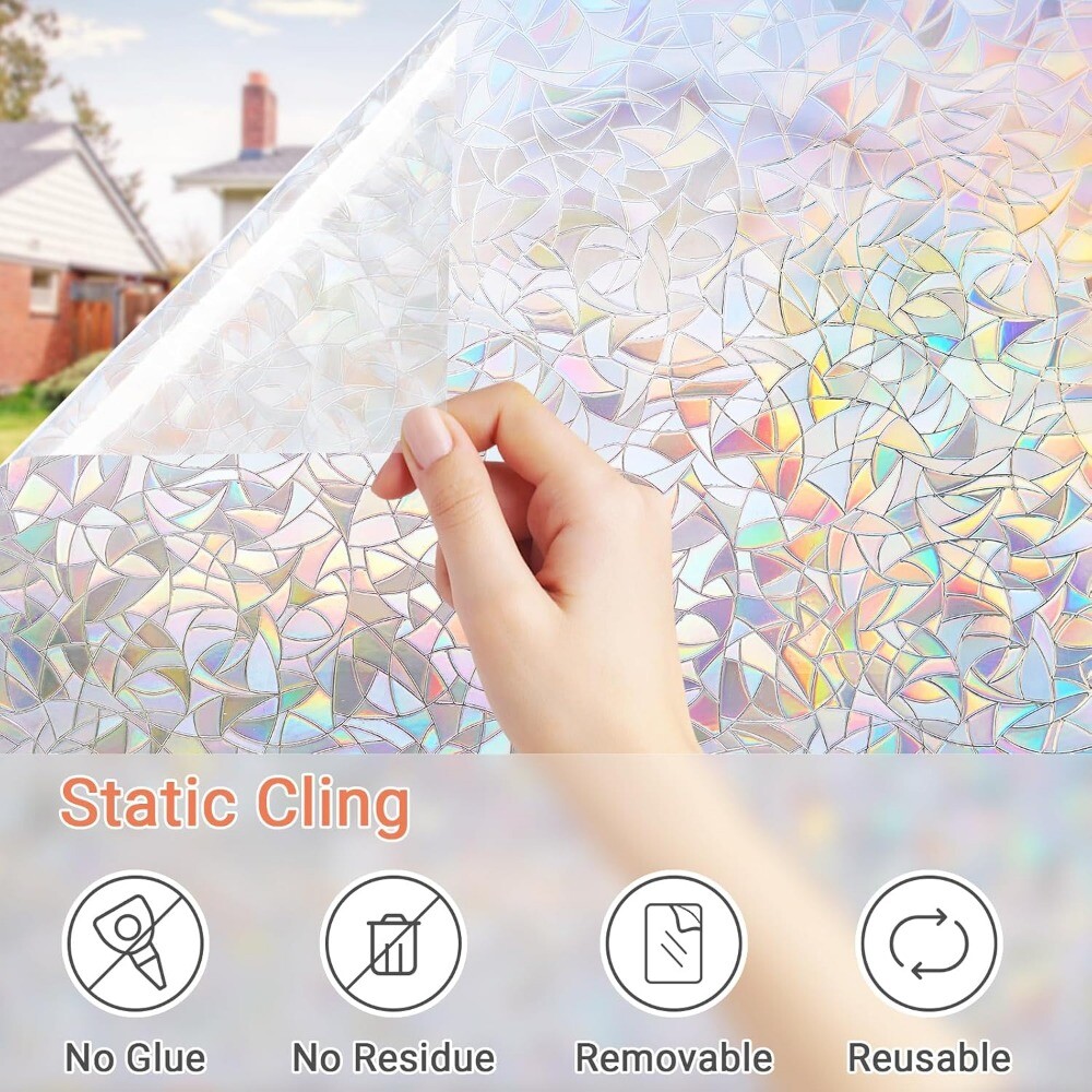 Rabbitgoo 3D Window Film Stained Glass Rainbow Window Static Clings 17.5″x78.7″
