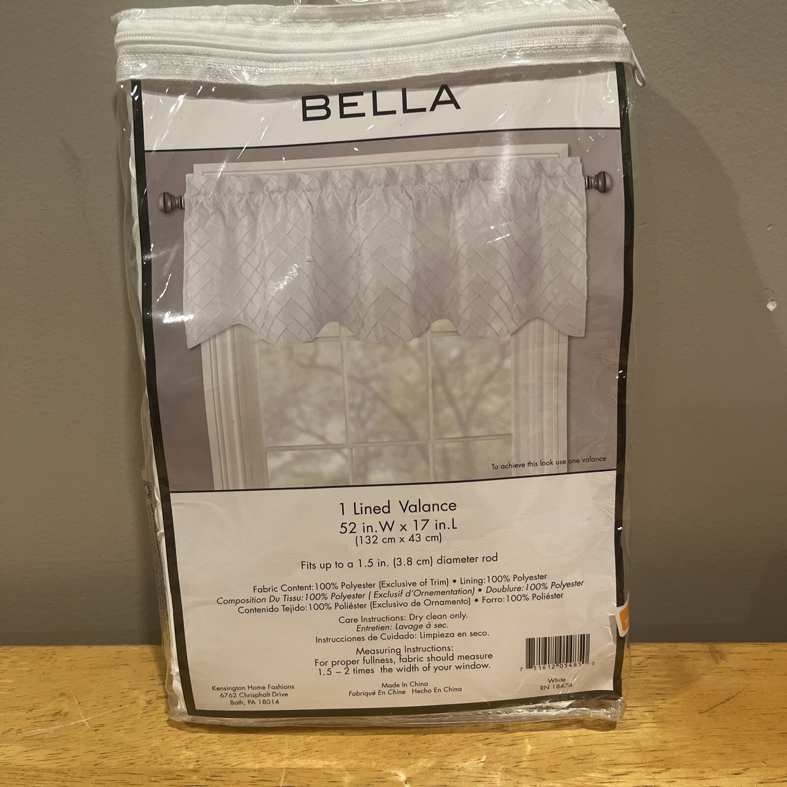 Bella White Diamond Lined Valance 52×17″ Fits 1.5in Rod Top Curtain Scalloped