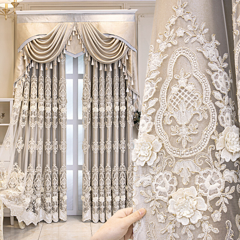 European luxury gold embroidery cloth blackout curtain tulle valance drape C1263