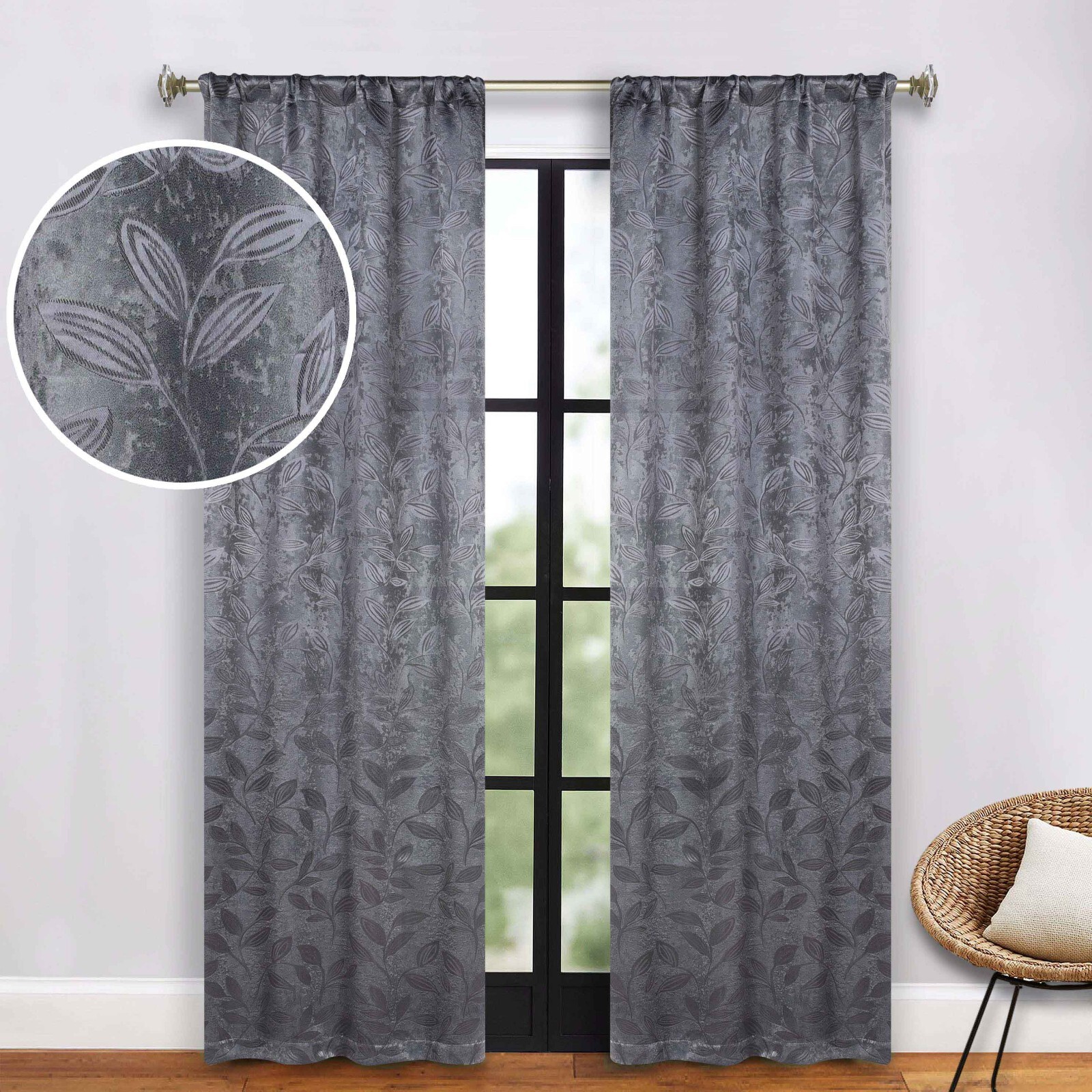 Leaves Washable 36″ Wide Rod Pocket Room Darkening Blackout Curtains, Set of 2