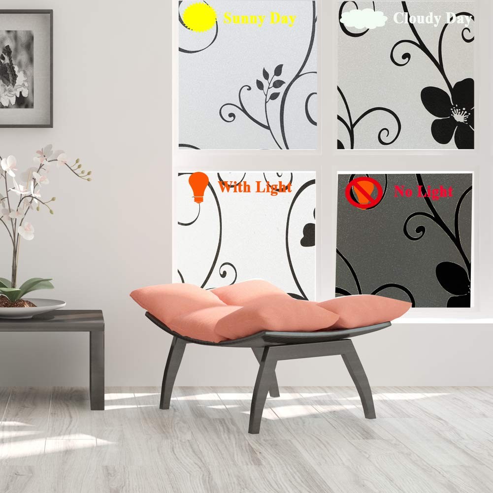 Decorative Window Film,Black Flower Static Cling Privacy Door Film, Non Adhes…