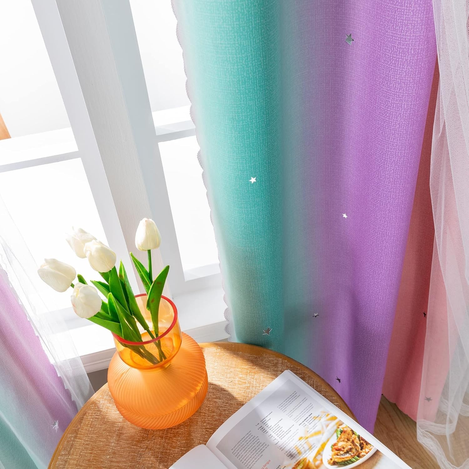 Purple and Pink Rainbow Blackout Window Curtain for Girls’ Rooms, 63×34