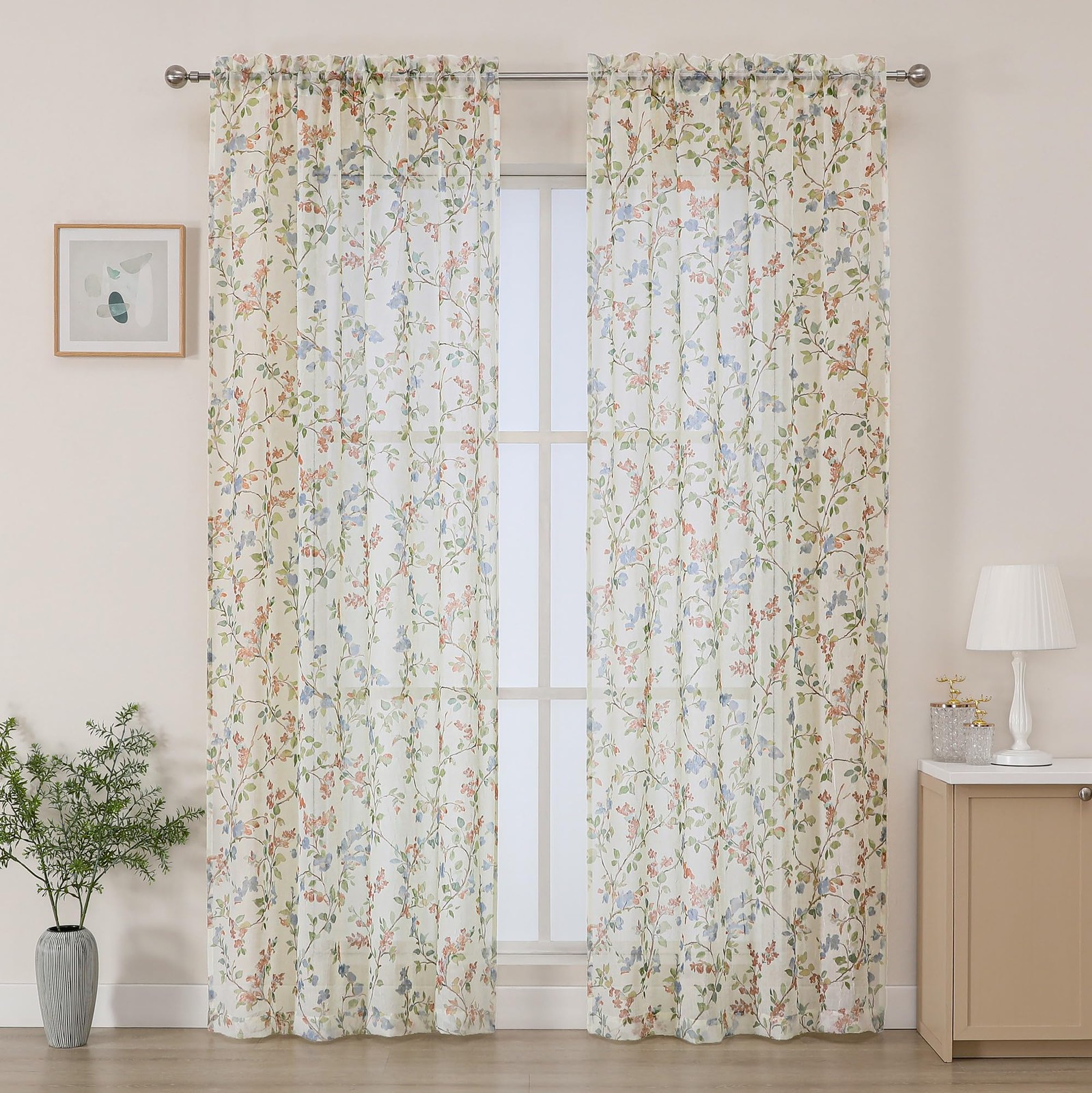 Crushed Sheer Curtains 84 Inches Long 2 Panels Set, Sheer Floral Curtians with P