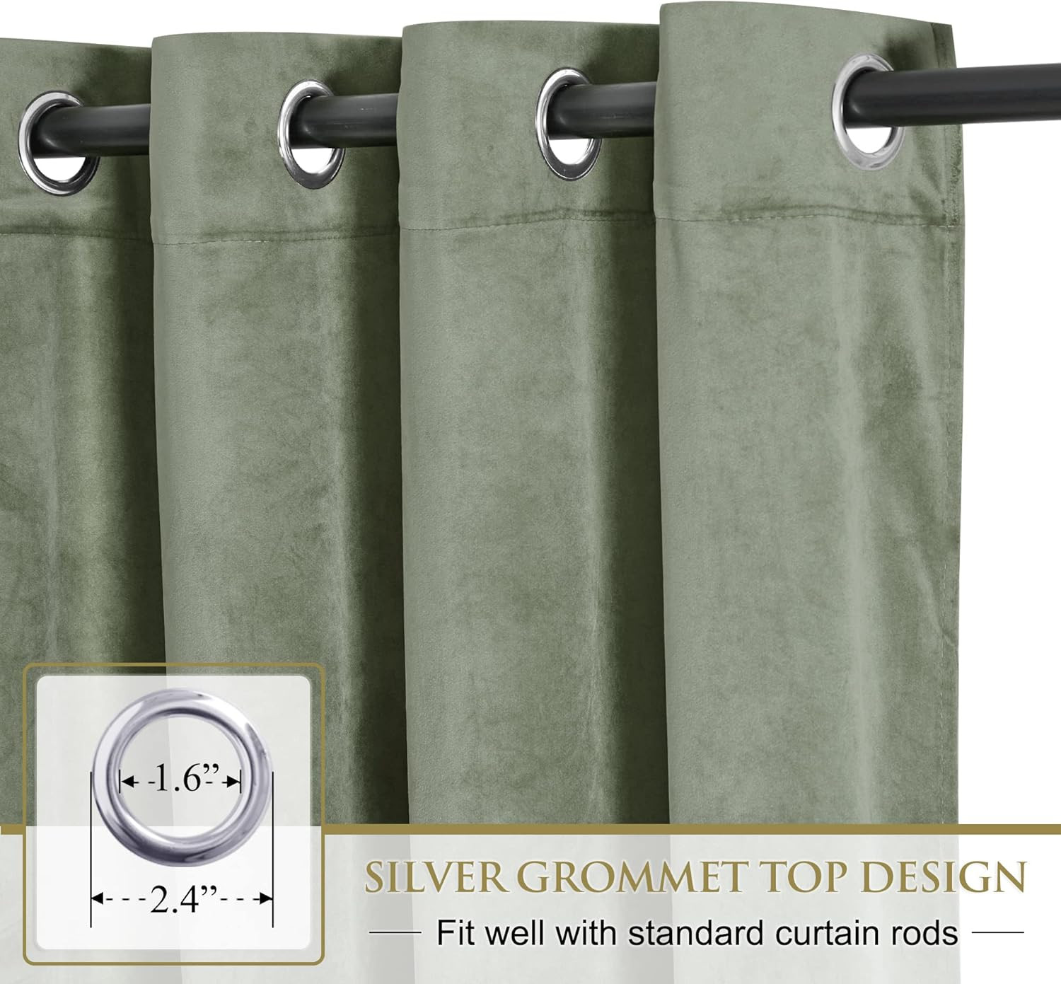 Sage Green Velvet Room Darkening Curtains 96″ – Set of 2 Grommet Drapes