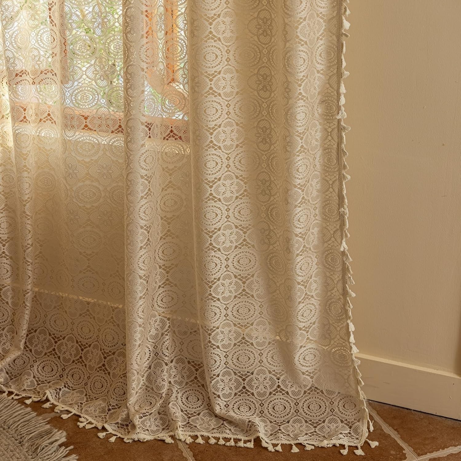 Boho Lace Curtains 90 inches Long 2 Panels -Vintage Floral Crochet Sheer Pane…