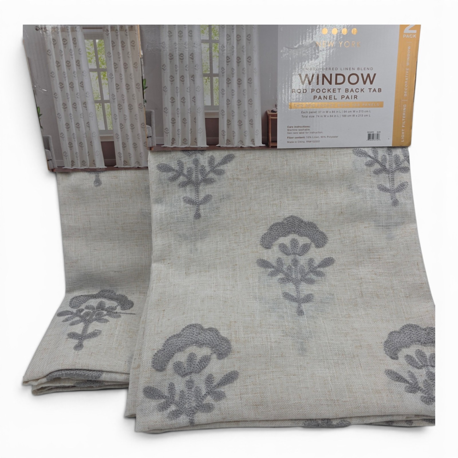 Studio 1012 Set of 4 Botanical Embroidered Curtains 37×84 Linen Blend Gray