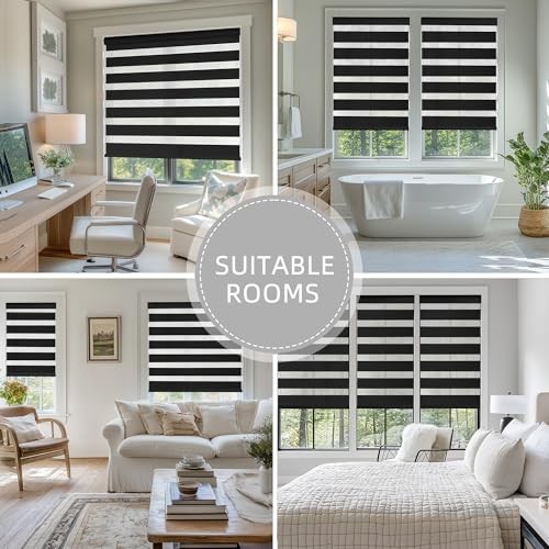 Cordless Zebra Blinds for Windows, Dual Layer Free-Stop 20″W x 72″H Black