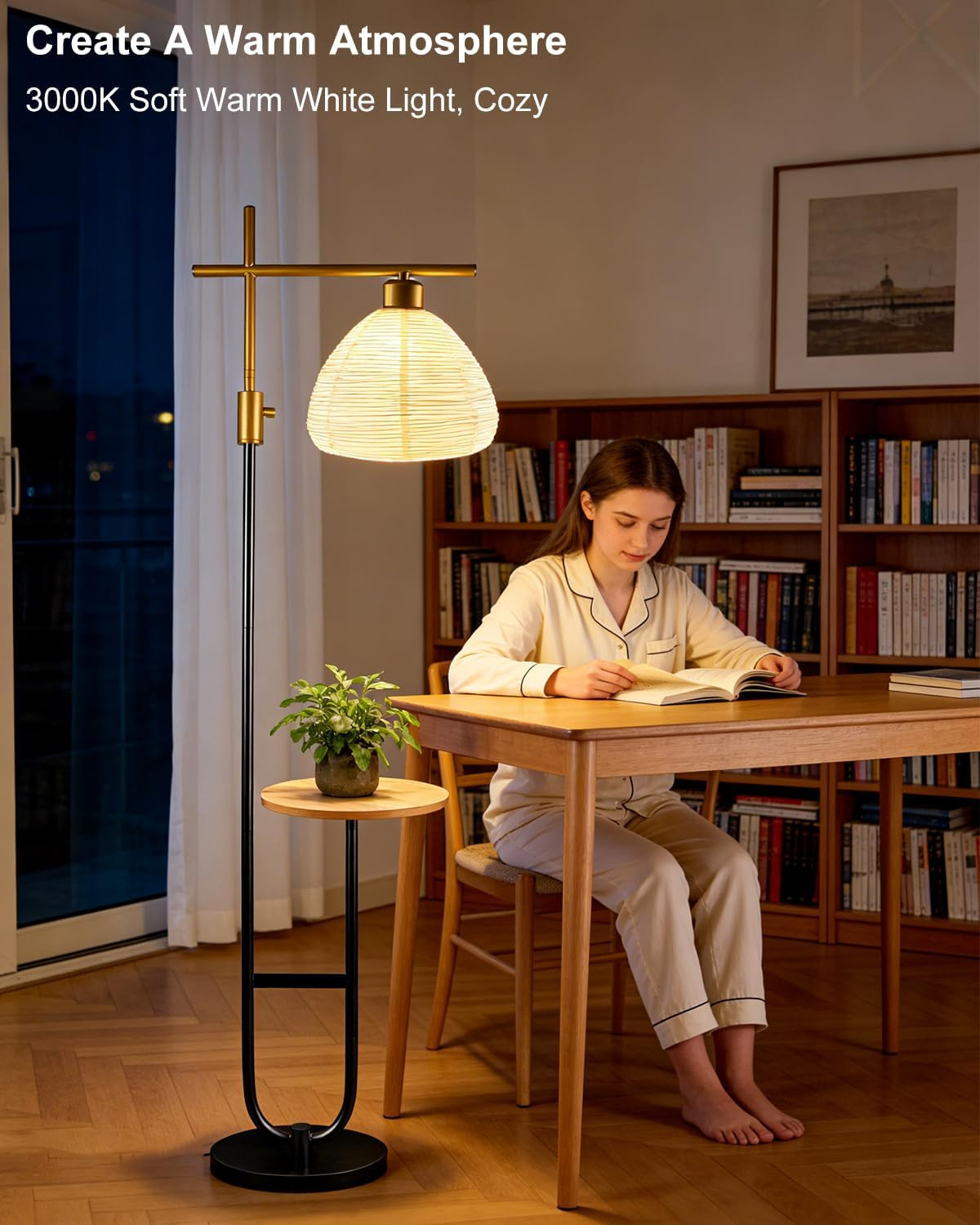 Gold & Black Dimmable Floor Lamp with Storage Table for Living Room/Bedroom