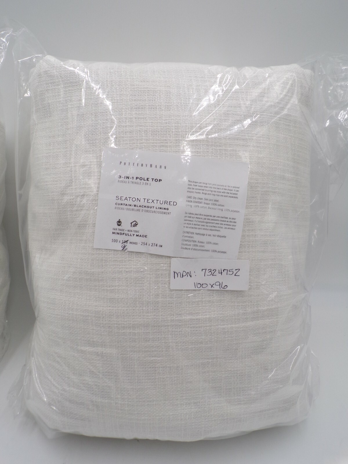 Pottery Barn Seaton Textured Blackout Curtain Drape Panel White 100x 96″ #A1057
