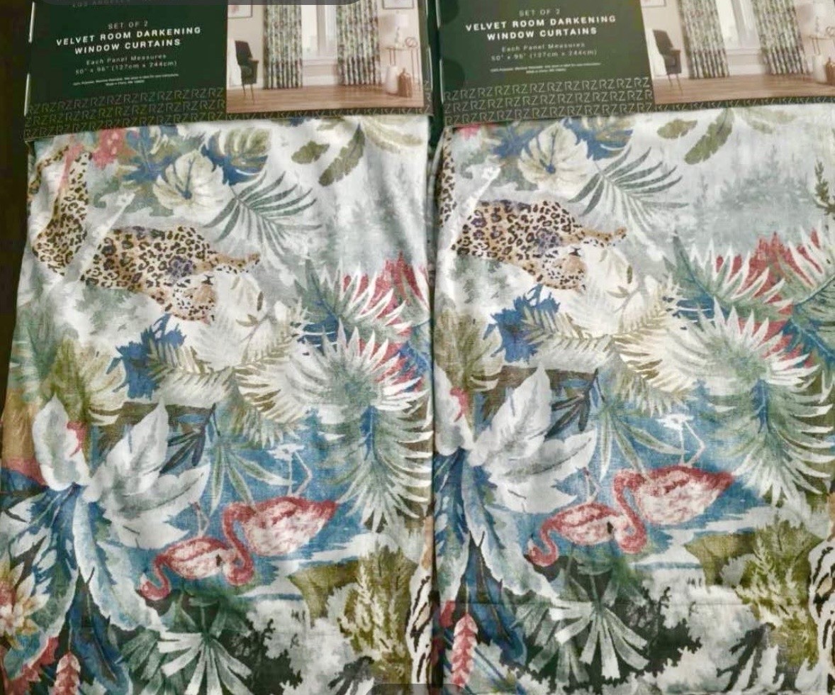 Rachel Zoe set of 4 Tropical Jungle Forest Room Darkening Velvet Curtains 50×96