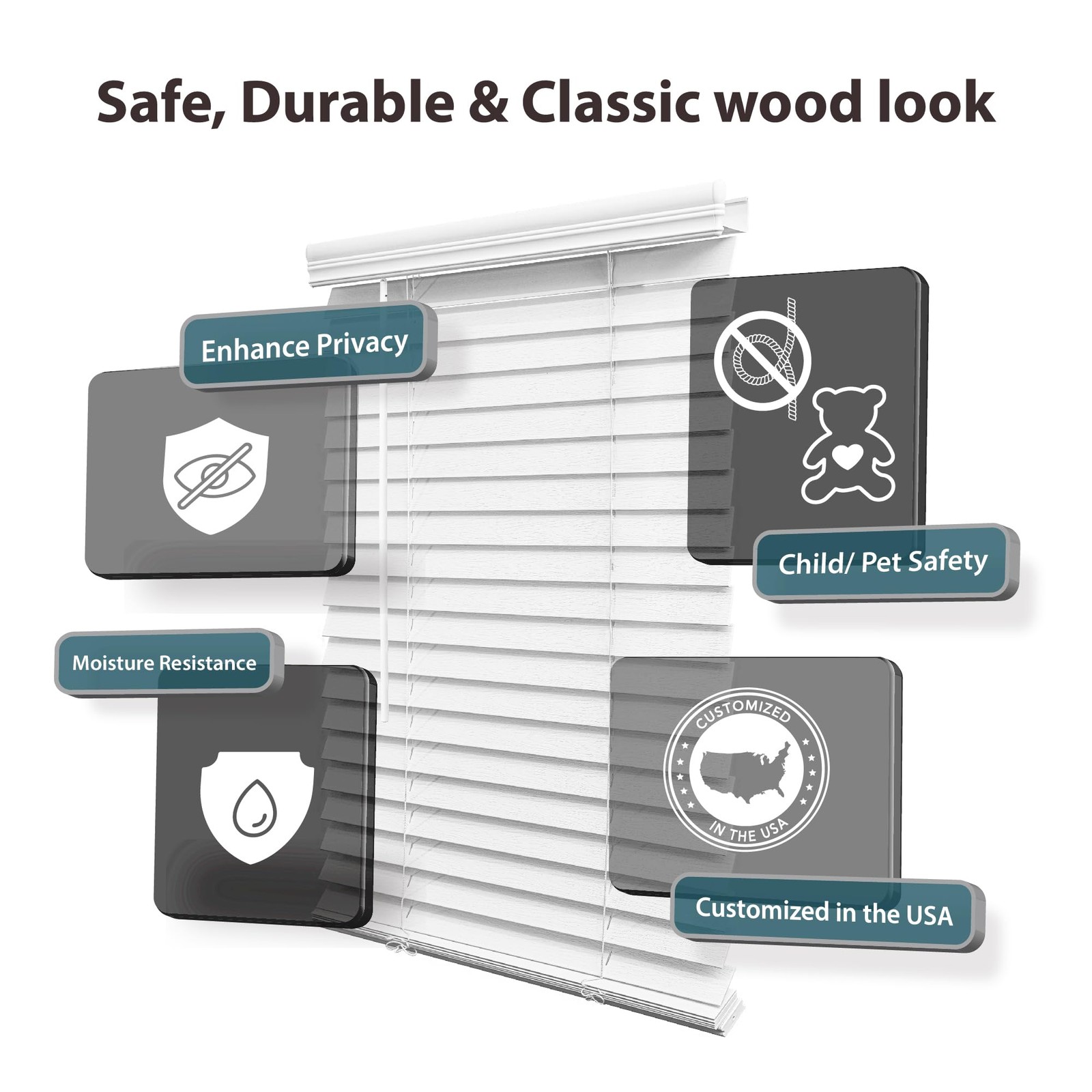 Cordless 2″ Faux Wood Blind, 48″ W x 72″ H, White
