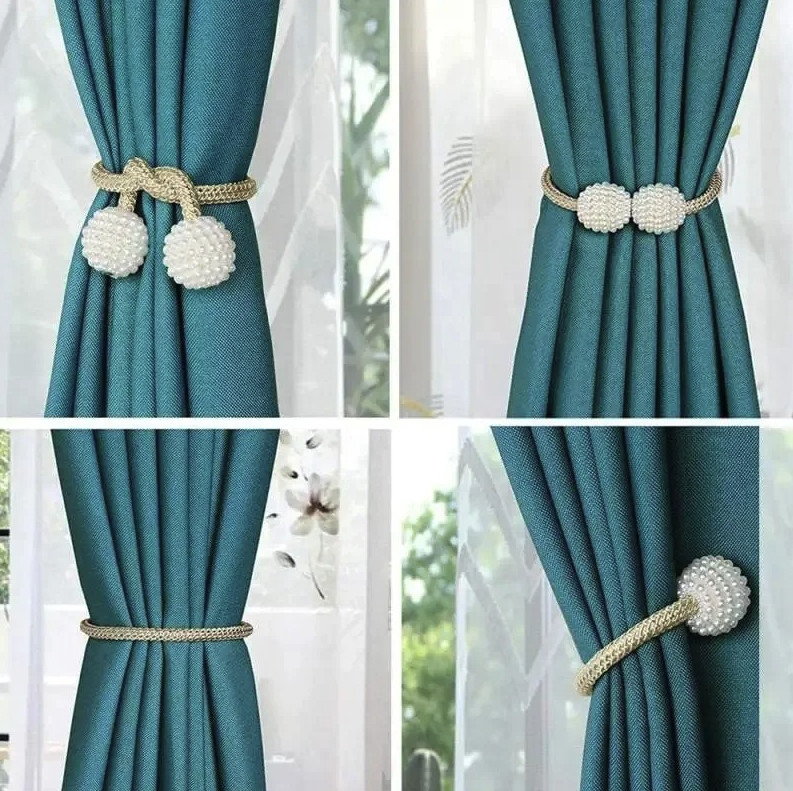 2pcs Pearl Magnetic Curtain Tie Back Clips Rope Holders Home Decor Set – NEW